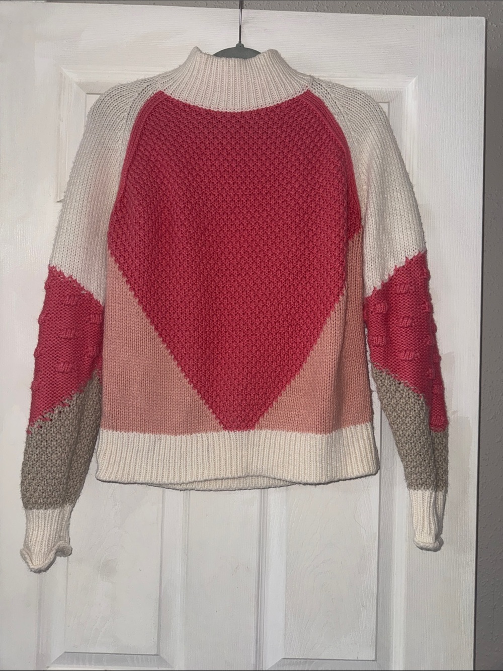 LOFT Cream, Pink and Raspberry Heart Colorblock Knit Sweater